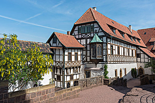 第一,城堡,院子,瓦尔堡,半木结构房屋,世界遗产,修葺,埃森纳赫,图林根州,德国,欧洲