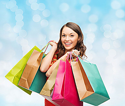 销售,礼物,圣诞节,休假,人,概念,微笑,女人,彩色,购物袋,上方,蓝色,背景