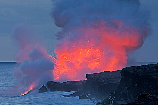 美国,夏威夷,夏威夷火山国家公园,火山岩,爆炸,海洋