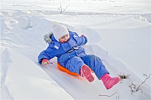 小女孩,雪撬,滑动,雪