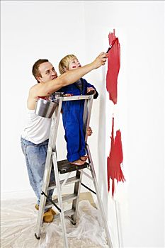 男人,幼儿,男孩,绘画,墙壁,红色