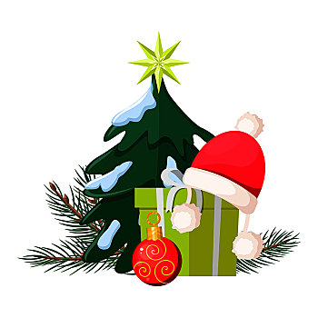 圣诞树,雪,星,上面,靠近,红色,圣诞节,盒子,圣诞老人,帽,球,设计,矢量,插画,新年,喜庆,卡通,白色背景,礼物