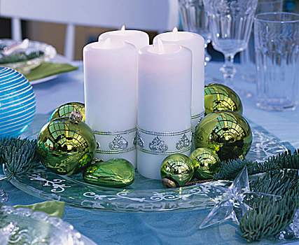 白色,蜡烛,圣诞节饰物,玻璃板
