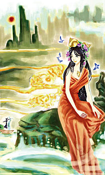 插画、仙女、云端、太阳、山川