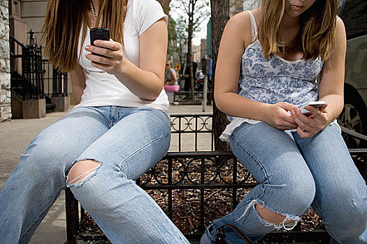 两个,青少年,女孩,坐,栏杆,手机