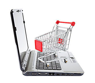 网上购物,购物车,笔记本电脑,白色背景