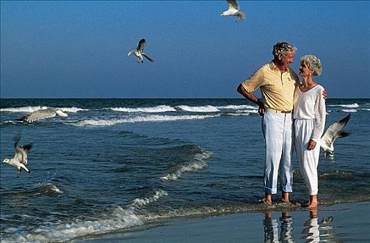 伴侣,男人,女人,老人,走,海滩,夏天,海洋,假日