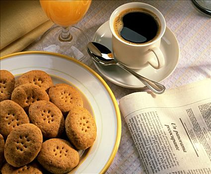 盘子,西班牙,饼干,报纸,咖啡杯