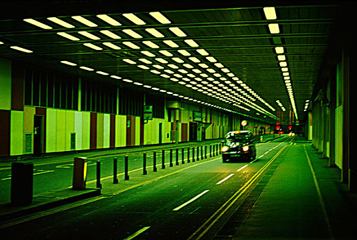 孤单,伦敦,出租车,夜晚,绿色,照亮,交通,地下通道,英国
