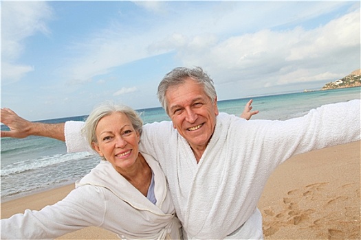 老年,夫妻,浴袍,海滩