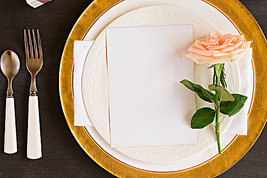 餐具,桌上,盘子,玫瑰花,空,白色,卡