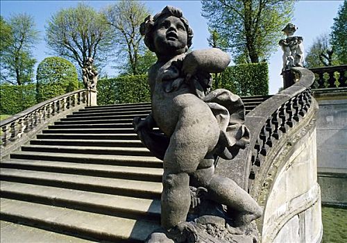石头,巴洛克,雕塑,喷泉,楼梯,花园,萨克森,德国,欧洲