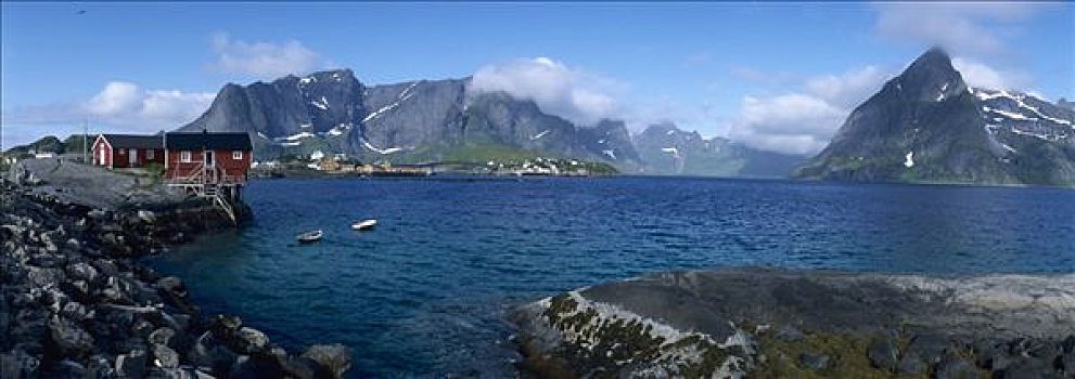 小屋,湾,乡村,背影,左边,岛屿,罗弗敦群岛,挪威,斯堪的纳维亚,欧洲