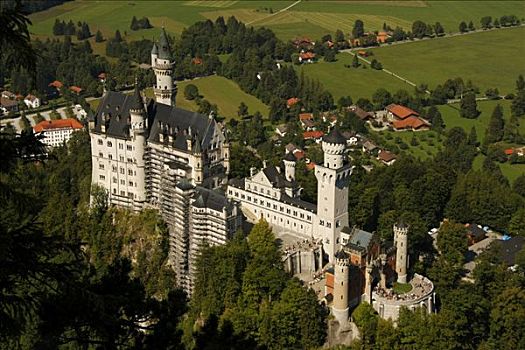 旧天鹅堡,城堡,靠近,鸟瞰,远景,巴伐利亚,德国,欧洲