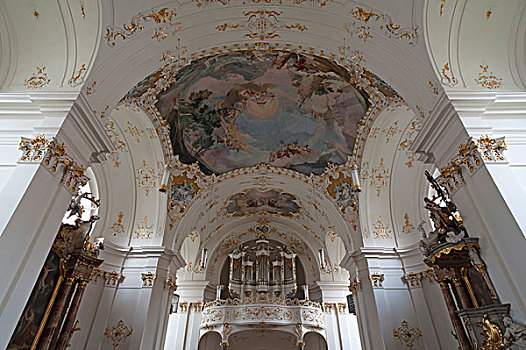天花板,壁画,器官,阁楼,迟,巴洛克,寺院,教堂,上巴伐利亚,德国,欧洲