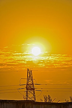 输电塔,黄色,太阳,高压线,高压塔,电力,黄昏,清洁能源,绿色电力