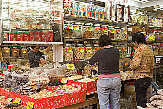 女人,购物,干燥,海鲜,杂货店,城镇,香港