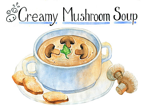蘑菇,奶油稀汤,隔绝,白色背景,水彩