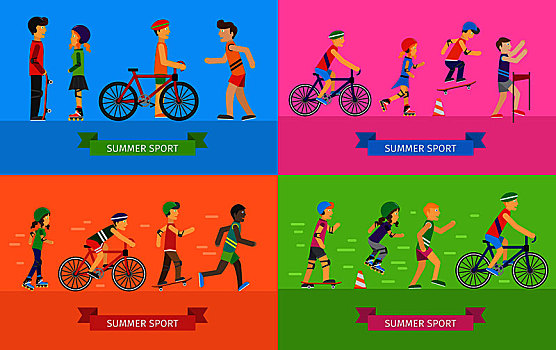 夏季运动,概念,矢量,风格,女人,男人,运动衣,跑,骑,自行车,滑旱冰,滑板,胜利,体育比赛,动态,健康生活,设计