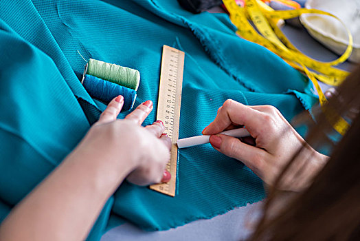 女人,裁缝,工作,衣服,缝纫,缝缀,测量,布