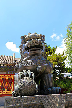 北京皇家园林颐和园东宫门前铜狮