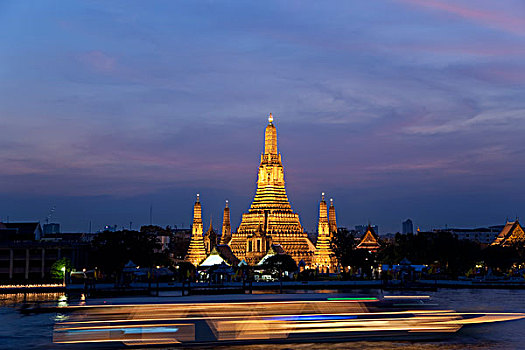郑王庙,黄昏,船,湄南河,曼谷,泰国