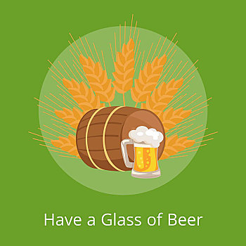 玻璃杯,啤酒,海报,木桶,酒精饮料,大杯,透明,矢量,穗,小麦,亮光,酒,饮料