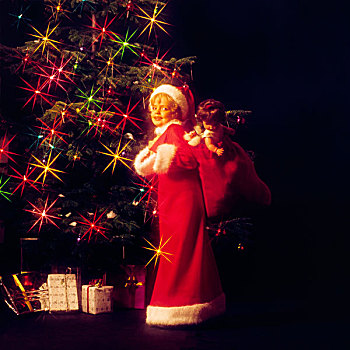 小女孩,衣服,圣诞老人,圣诞树