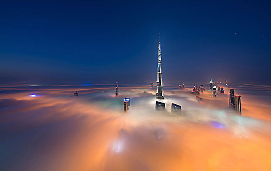 风景,光亮,哈利法,摩天大楼,高处,云,迪拜,阿联酋