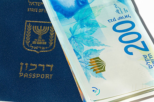 一堆,以色列,钱,钞票,护照,俯视
