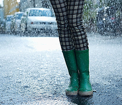 雨,落下,女人,胶皮靴