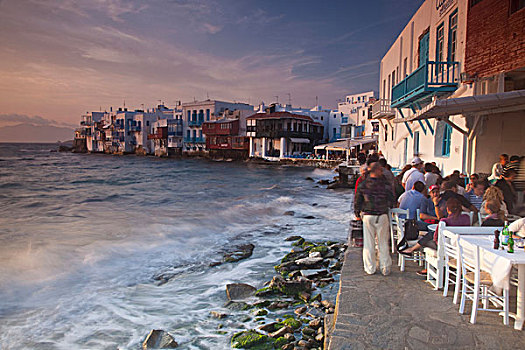 希腊,米克诺斯岛,小威尼斯,户外,餐馆,港口