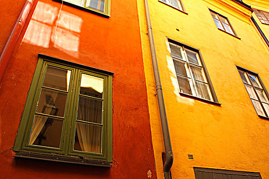 仰视,红色,黄色,涂绘,建筑,斯德哥尔摩,瑞典