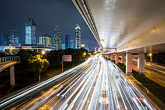 中国,上海,模糊,图像,汽车,巴士,交通,道路,下方,水泥,高架路,秋天,晚间