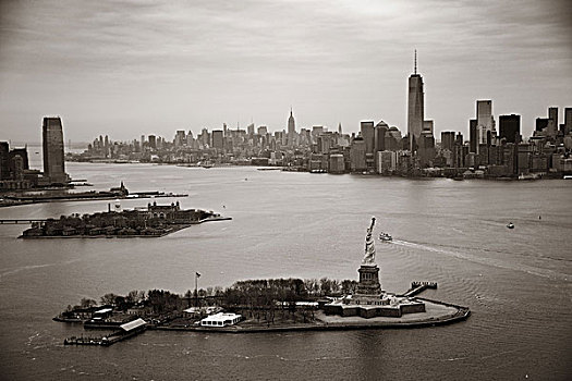 纽约,曼哈顿,航拍,市区,摩天大楼,自由女神像