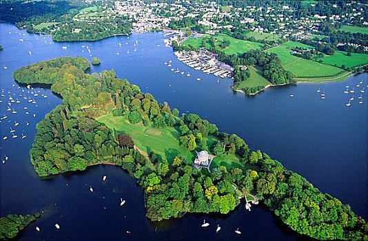 湖,温德米尔,湖区国家公园,坎布里亚,西北地区,英格兰,俯视,岛,城镇