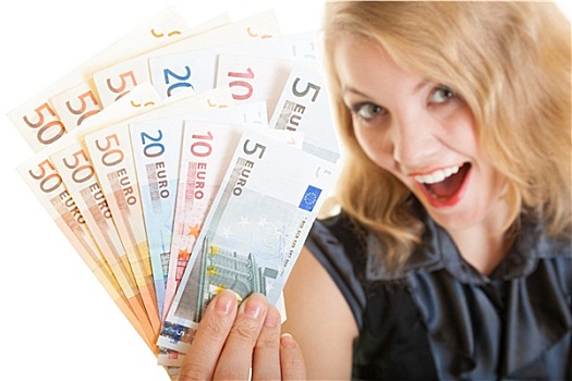 富有,高兴,职业女性,展示,欧元,钱,货币