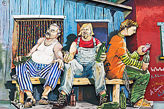 三个男人,失业,男人,长椅,喝,酒,滑稽,壁画,街头艺术,杜塞尔多夫,北莱茵威斯特伐利亚,德国,欧洲