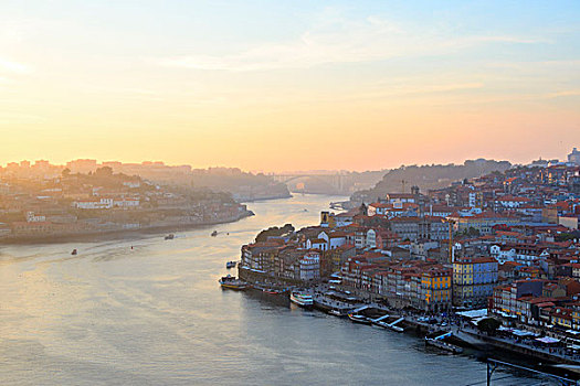 俯视,杜罗河,欧洲,河,港口,正面,日落,波尔图,葡萄牙