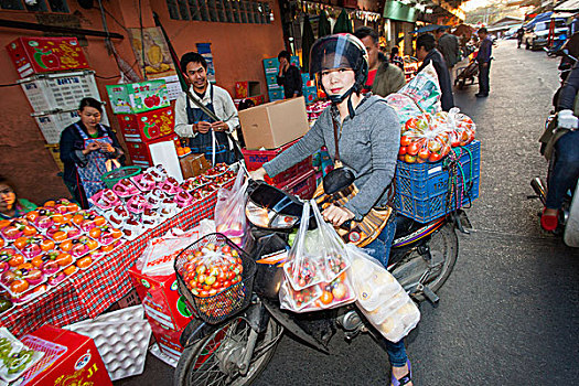 泰国,清迈,市场,女人,购物,摩托车