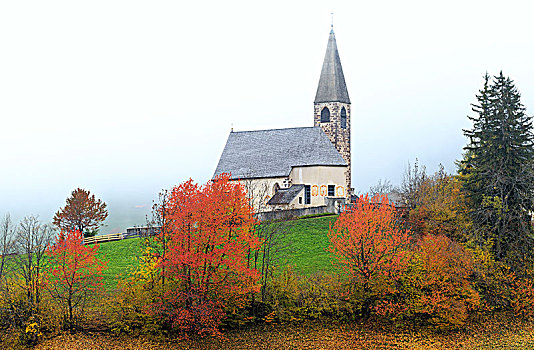 教堂,秋天,雾气,山谷,南蒂罗尔,白云岩,意大利