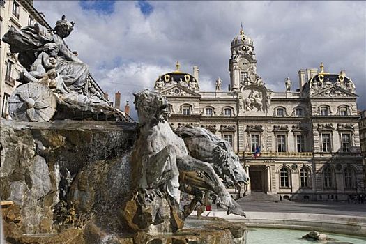 马,喷泉,德威饭店,市政厅,里昂,法国