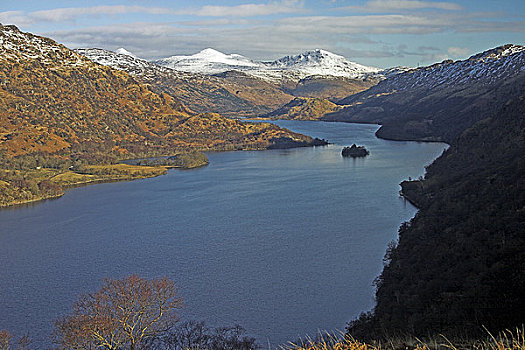 苏格兰,北方,洛蒙德湖,风景,雪冠,山峦,船