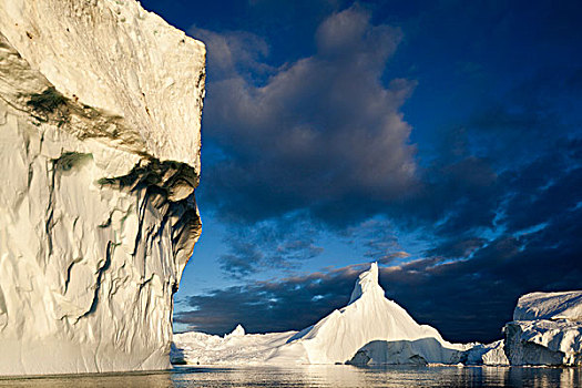 格陵兰,伊路利萨特,子夜太阳,巨大,冰山,雅各布港冰川,迪斯科湾,夏天,晚间
