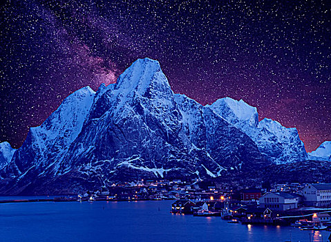 瑞恩,渔村,夜晚,星空,挪威