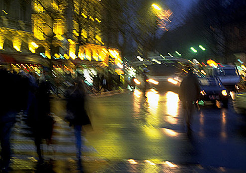 法国,巴黎,街景,夜晚,模糊