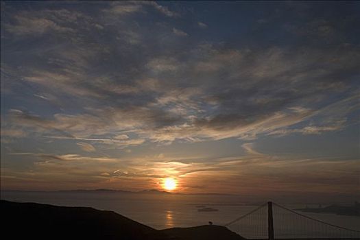 吊桥,日落,金门大桥,旧金山湾,旧金山,加利福尼亚,美国