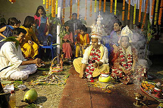 牧师,仪式,印度教,婚礼,老,达卡,孟加拉,二月,2006年