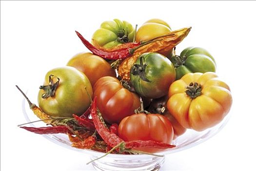 种类,西红柿,辣椒,玻璃碗