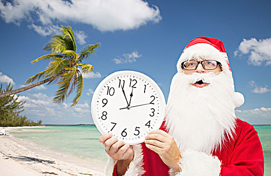 圣诞节,休假,旅行,人,概念,男人,服饰,圣诞老人,钟表,展示,上方,热带沙滩,背景